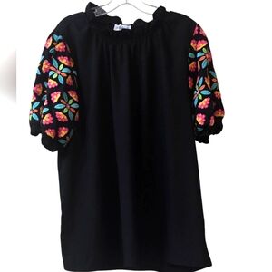 Washco The Amanda Top Black with Colorful Floral Sleeves Size 2XL